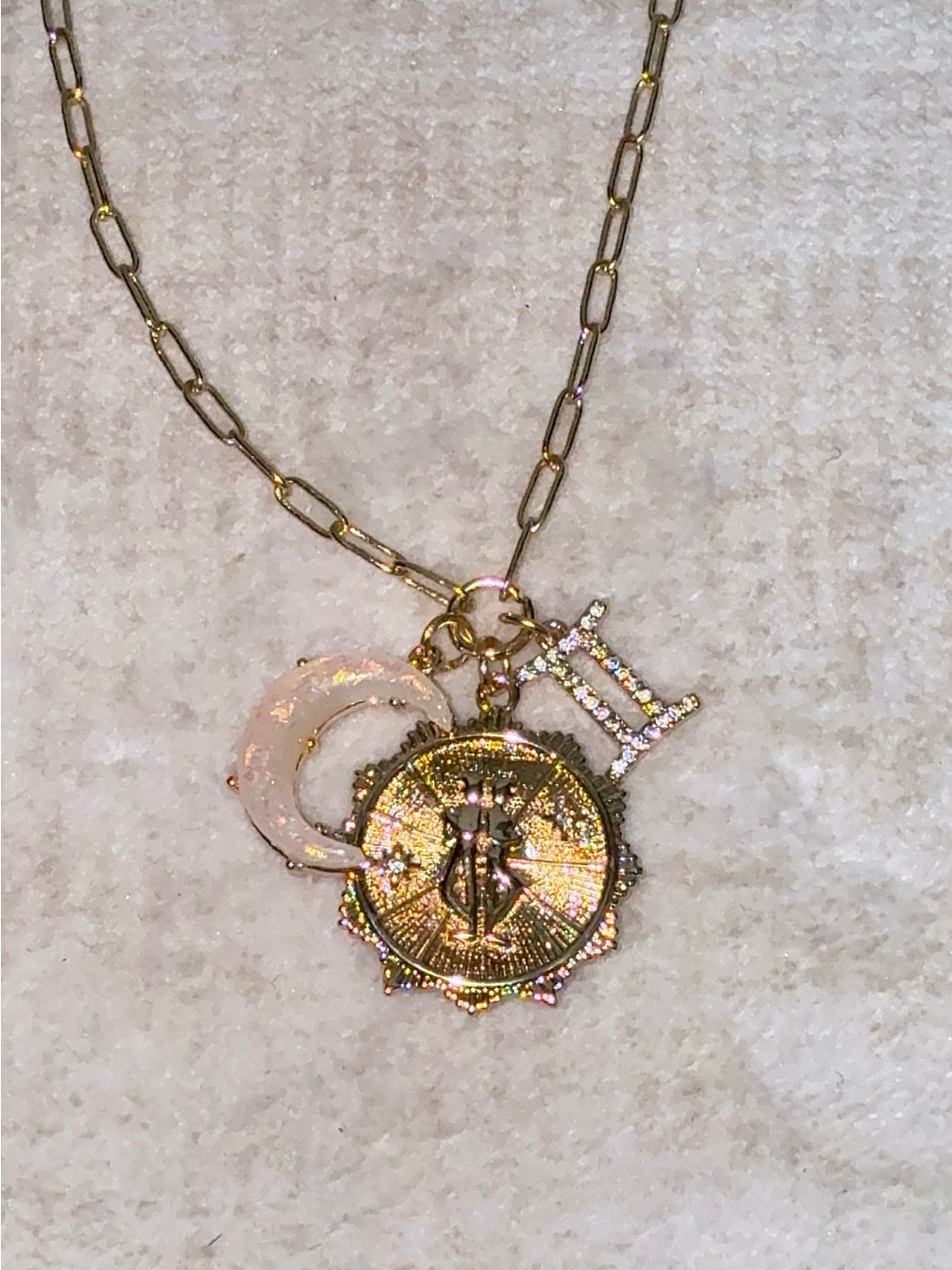 Gold Gemini Zodiac Multi Charm Paperclip Chain Necklace Opalite Crescent Moon NW